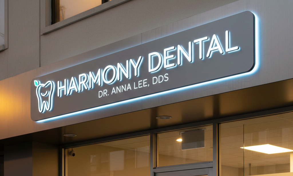 Illuminated channel letters on a dentist storefront—professional signage that requires accurate specs for quoting